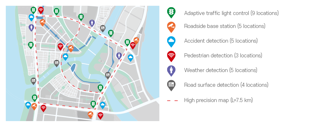 Cooperative-Intelligent Transport Systems(C-ITS) of Busan Eco Delta Smart City / Produce precision maps of 9 real-time signal control locations, 5 weather information detection, 5 pedestrian detection stations, 3 pedestrian detection sites, 4 road surface information detection locations, etc.