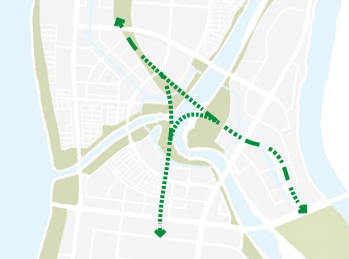 Life around waterways, green sidewalks connecting green areas, and continuous pedestrian networks